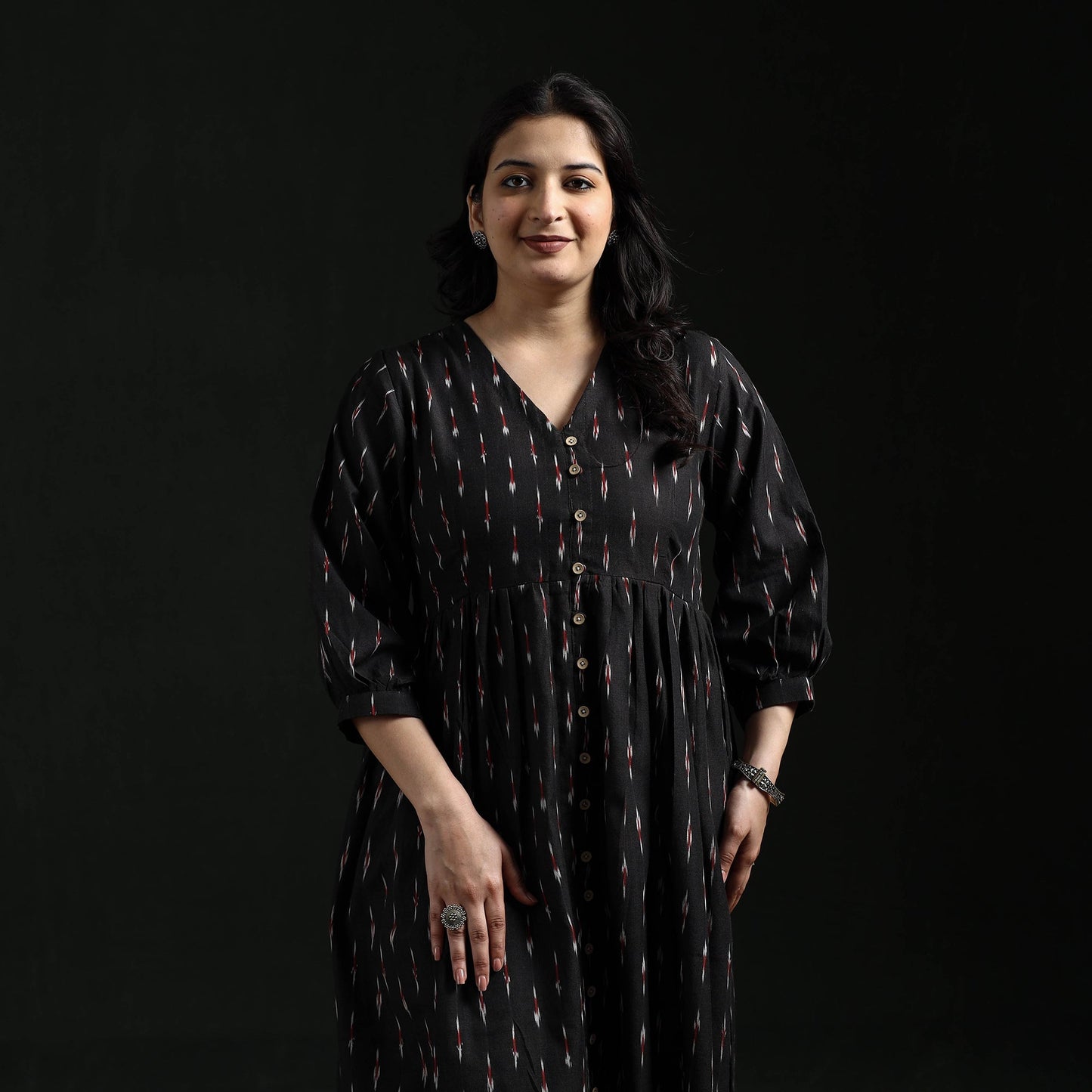 Button down flared cotton pochampally ikat dress 09