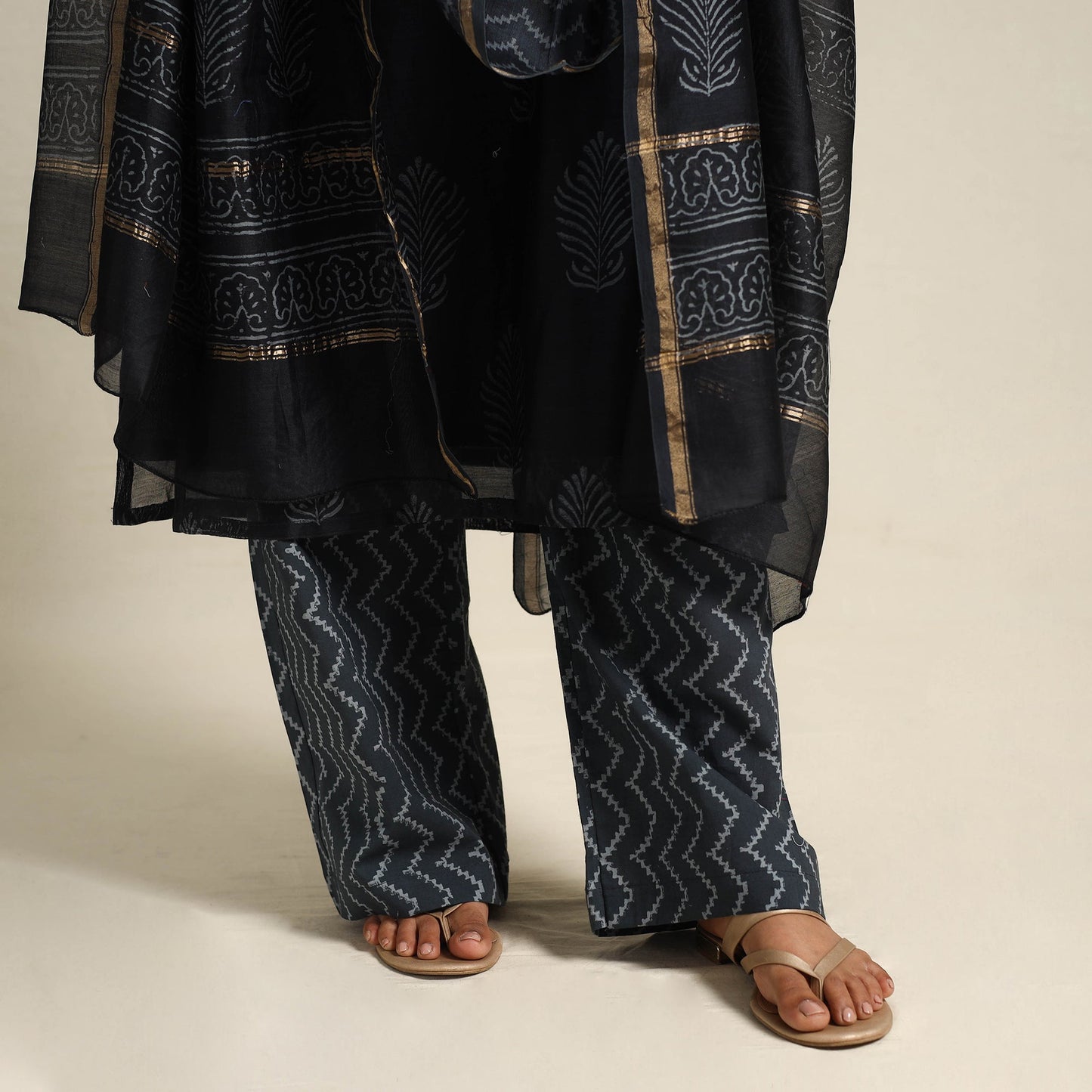 Black Chanderi Silk Bagru Print Kurta Set