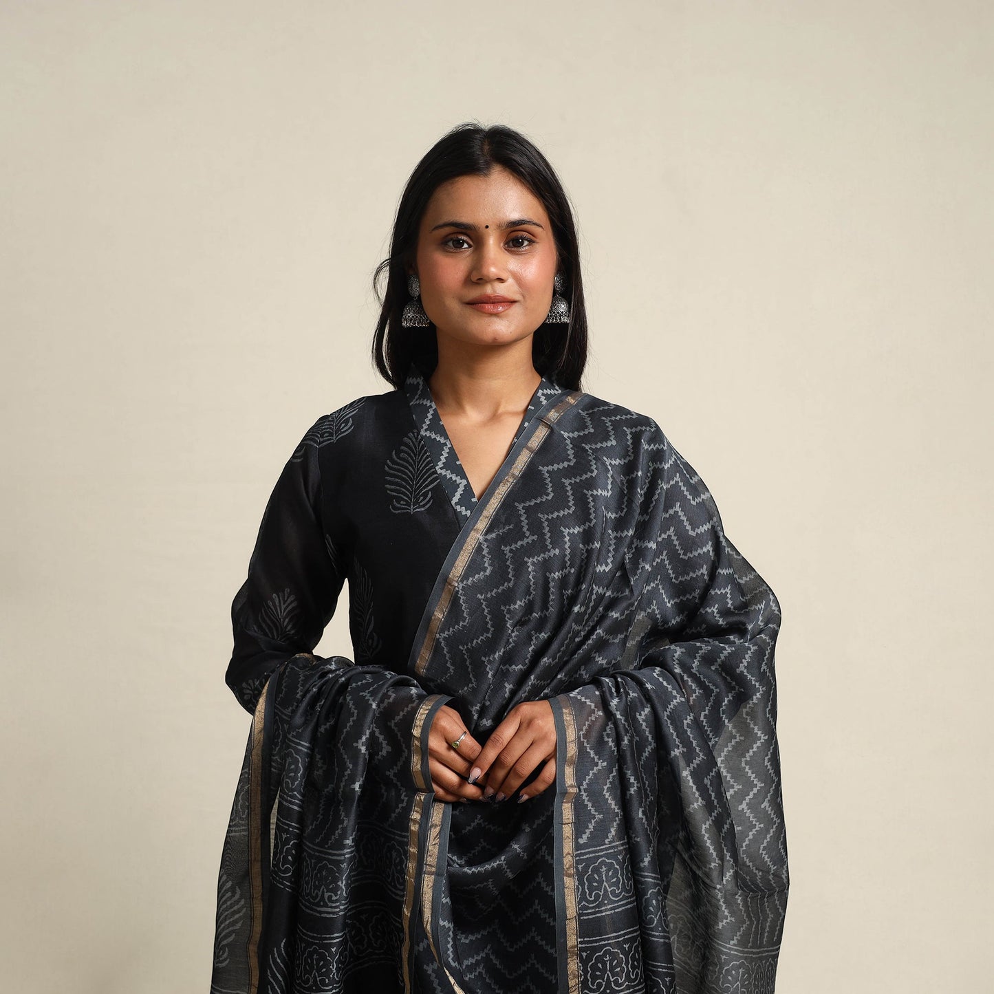 Black Chanderi Silk Bagru Print Kurta Set