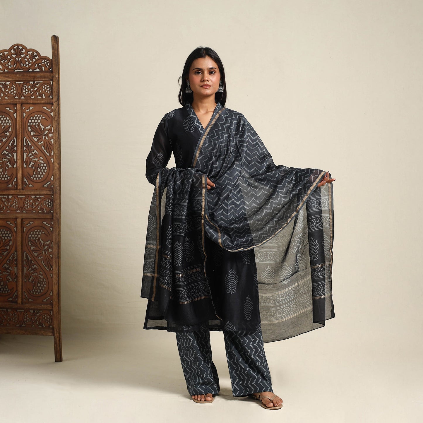 Black Chanderi Silk Bagru Print Kurta Set