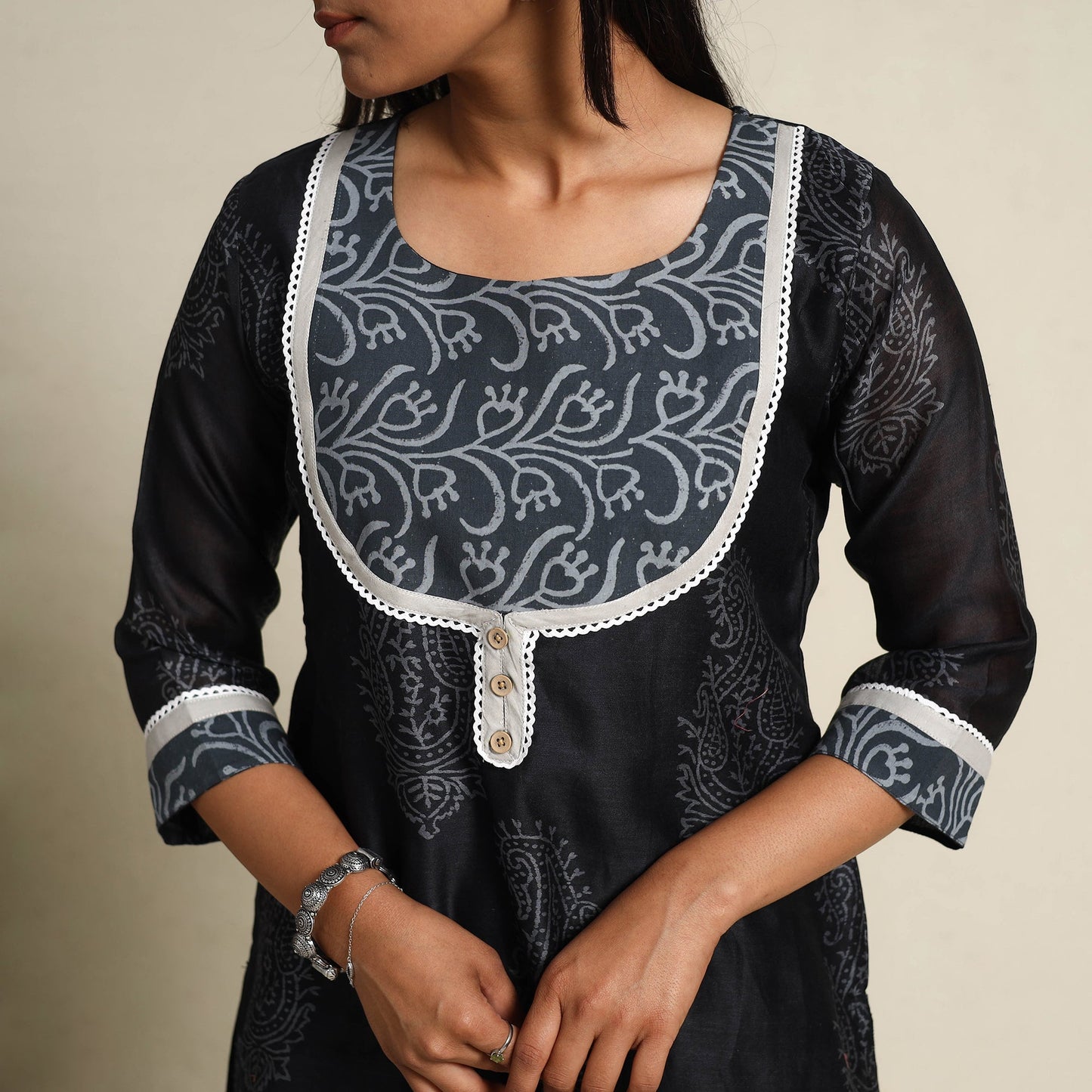 Buy Black Chanderi Silk Bagru Print Kurta Set