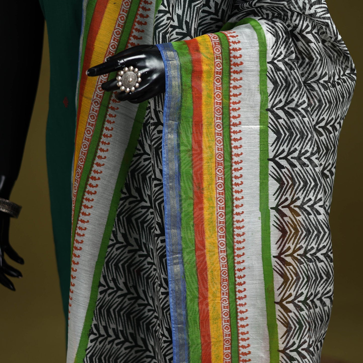 Black - chanderi silk hand bagru dupatta with zari border