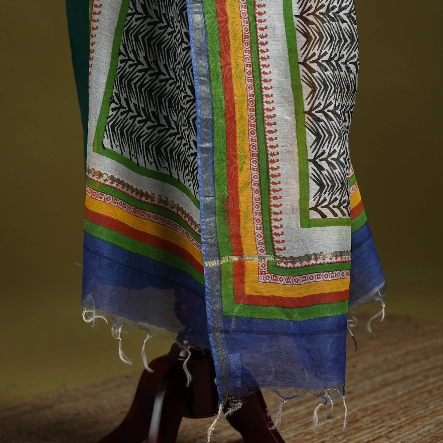 Black - chanderi silk hand bagru dupatta with zari border