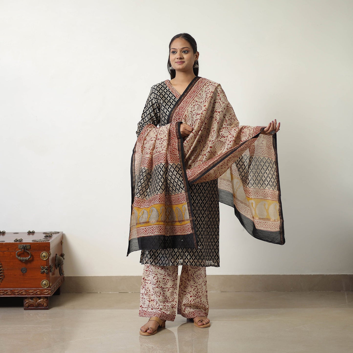 Black Chanderi Silk Hand Block Bagru Print Kurta Set