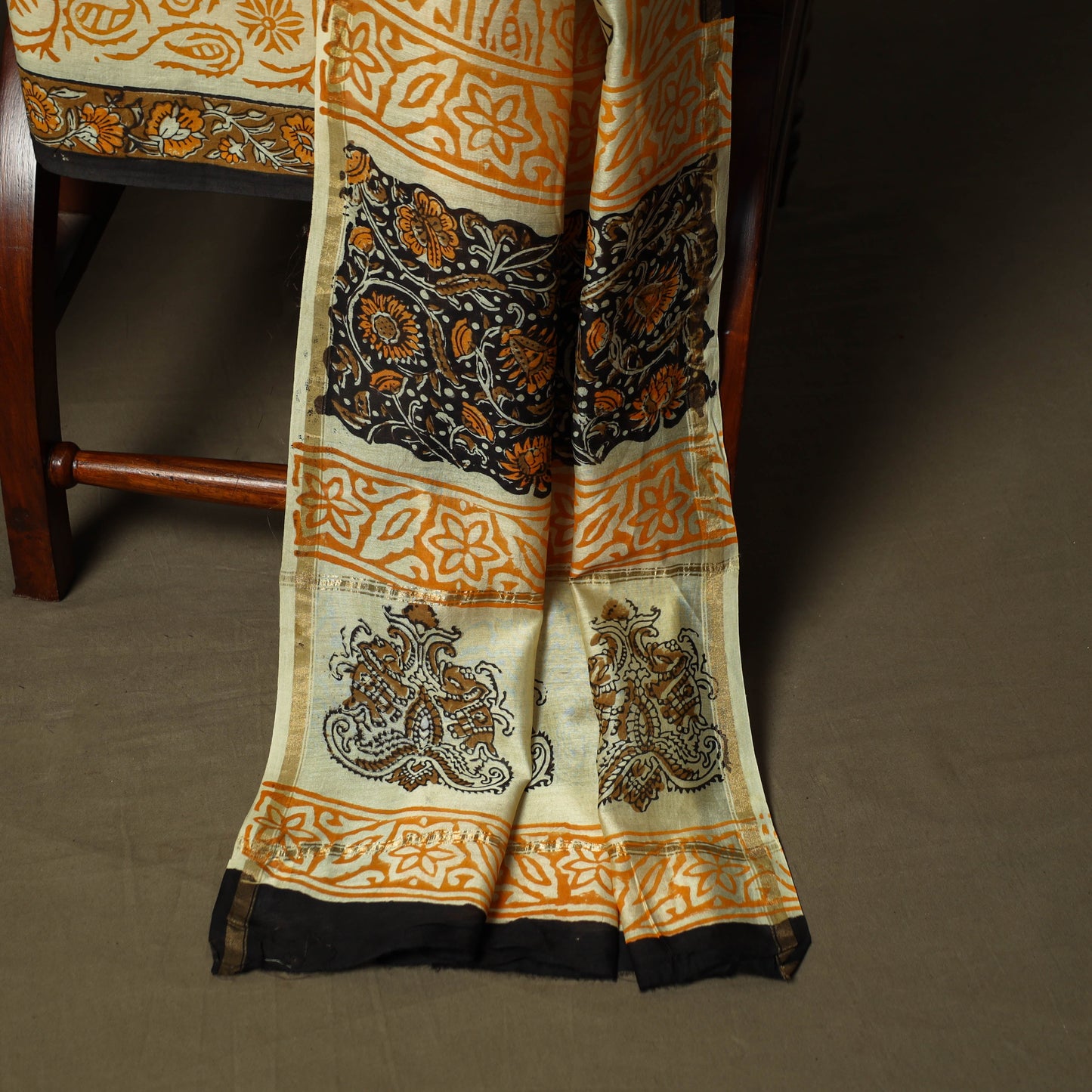Chanderi silk hand block bagru print 3pc unstitched dress