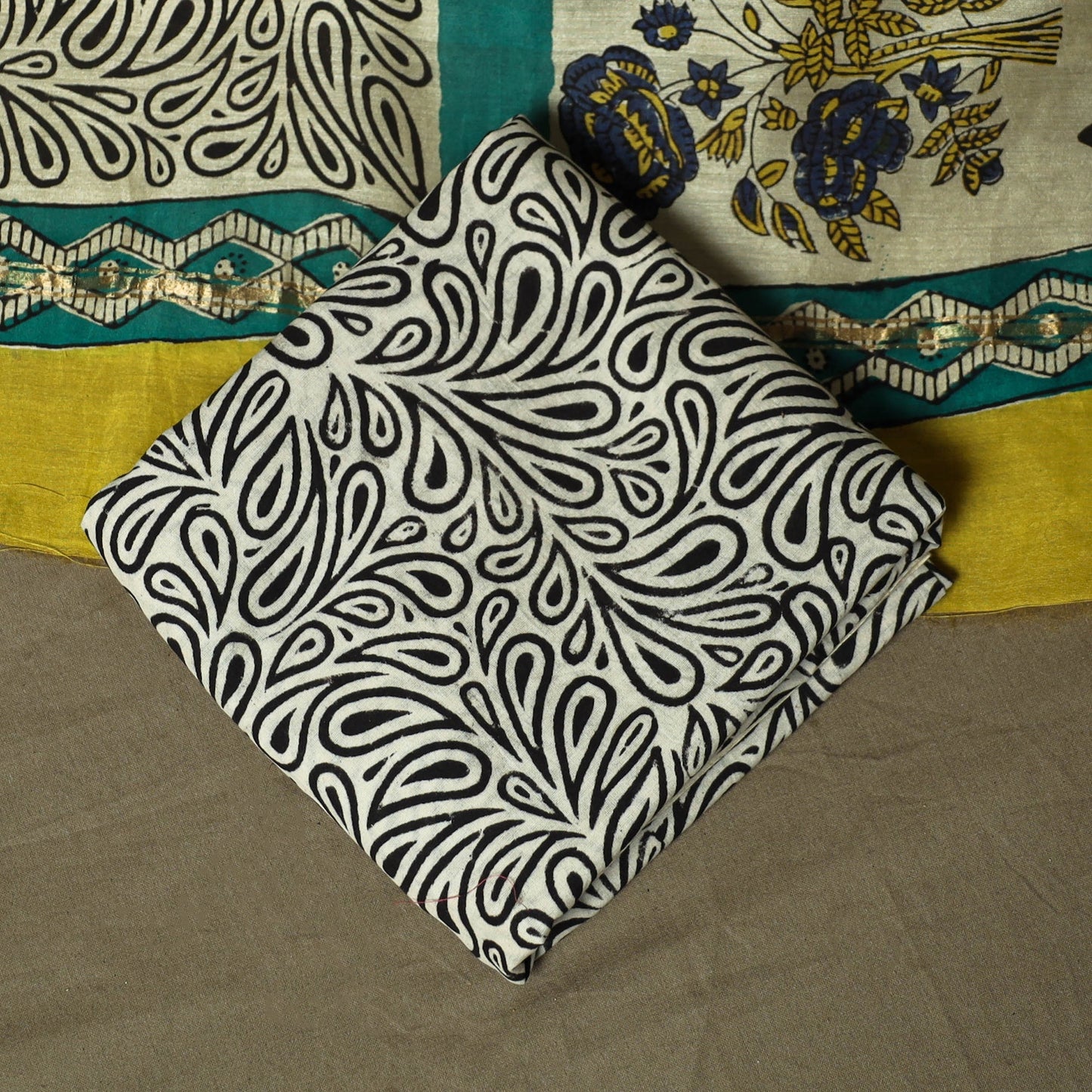 Chanderi silk hand block bagru print 3pc unstitched dress