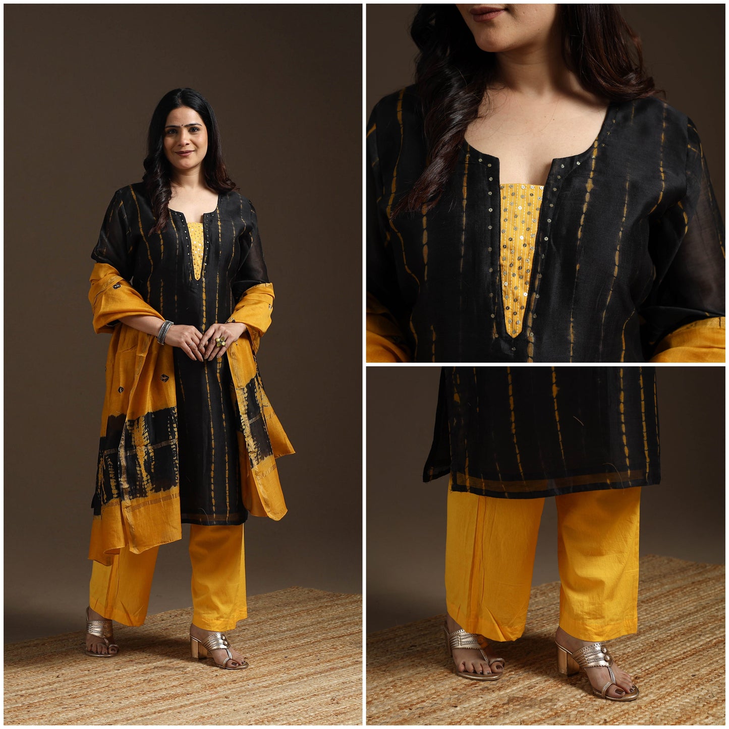 Black - chanderi silk hand embroidery tie-dye shibori suit