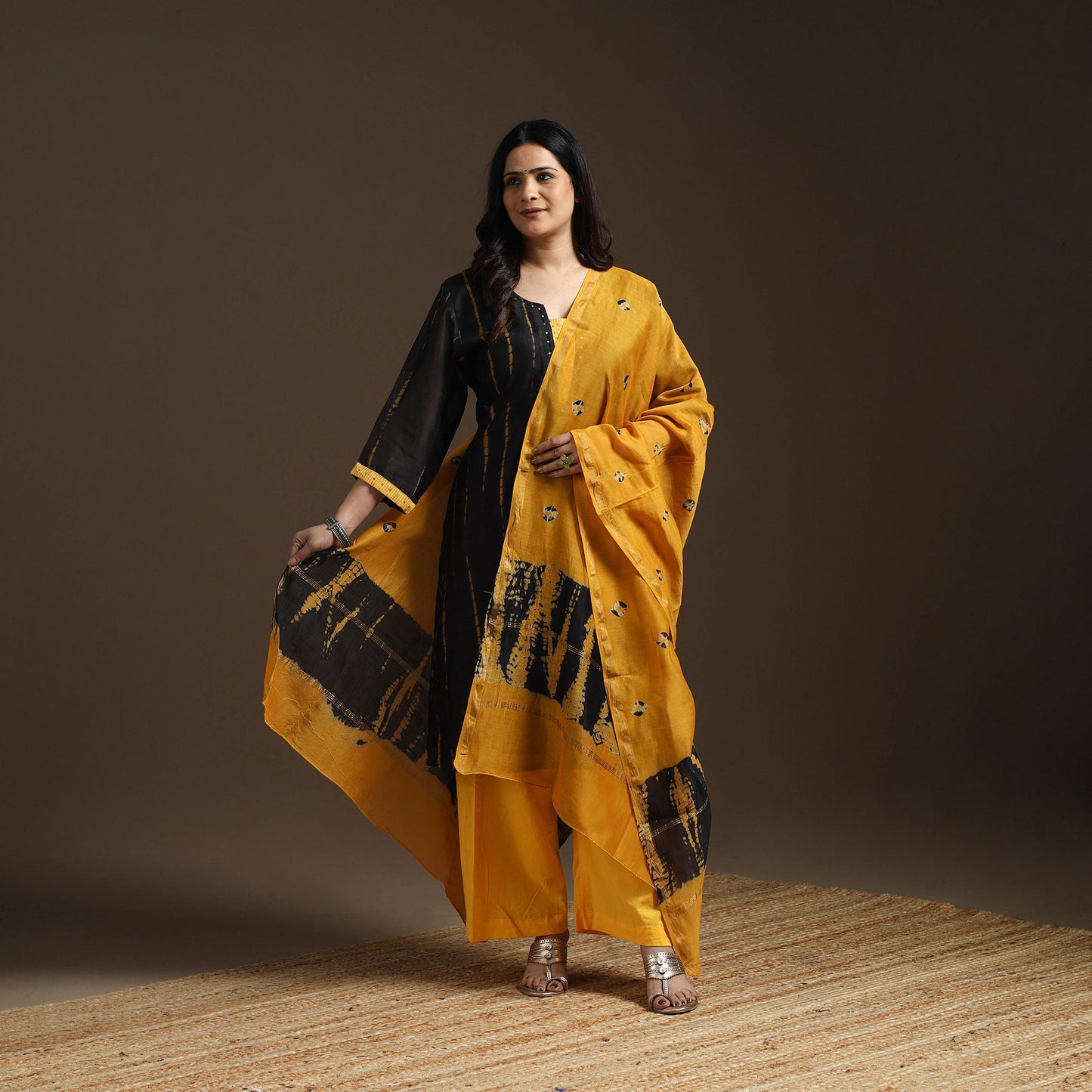 Black - chanderi silk hand embroidery tie-dye shibori suit
