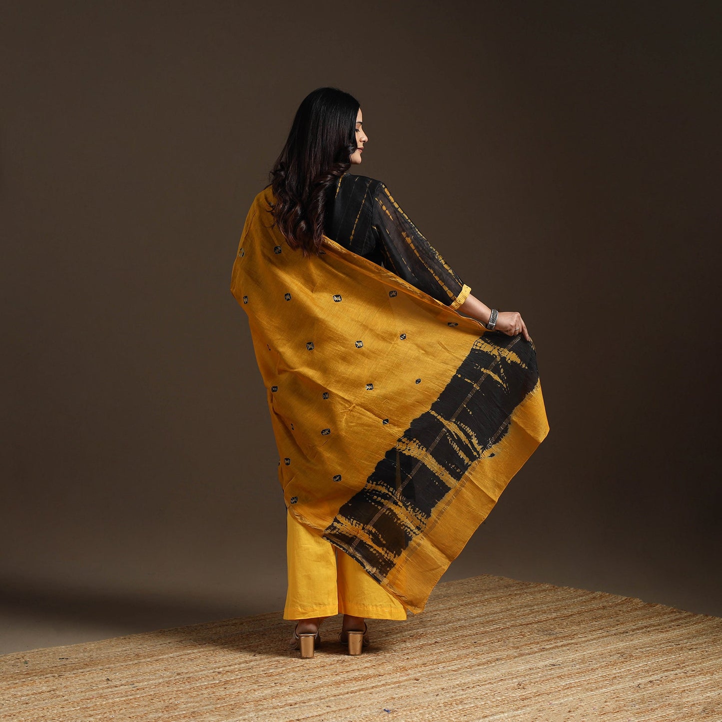 Black - chanderi silk hand embroidery tie-dye shibori suit