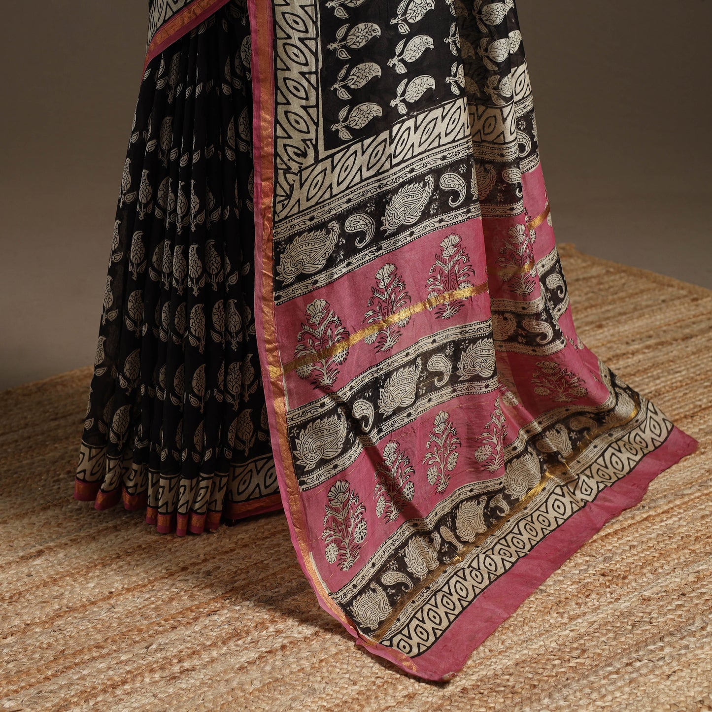 Chanderi silk hand sanganeri saree with zari border 06