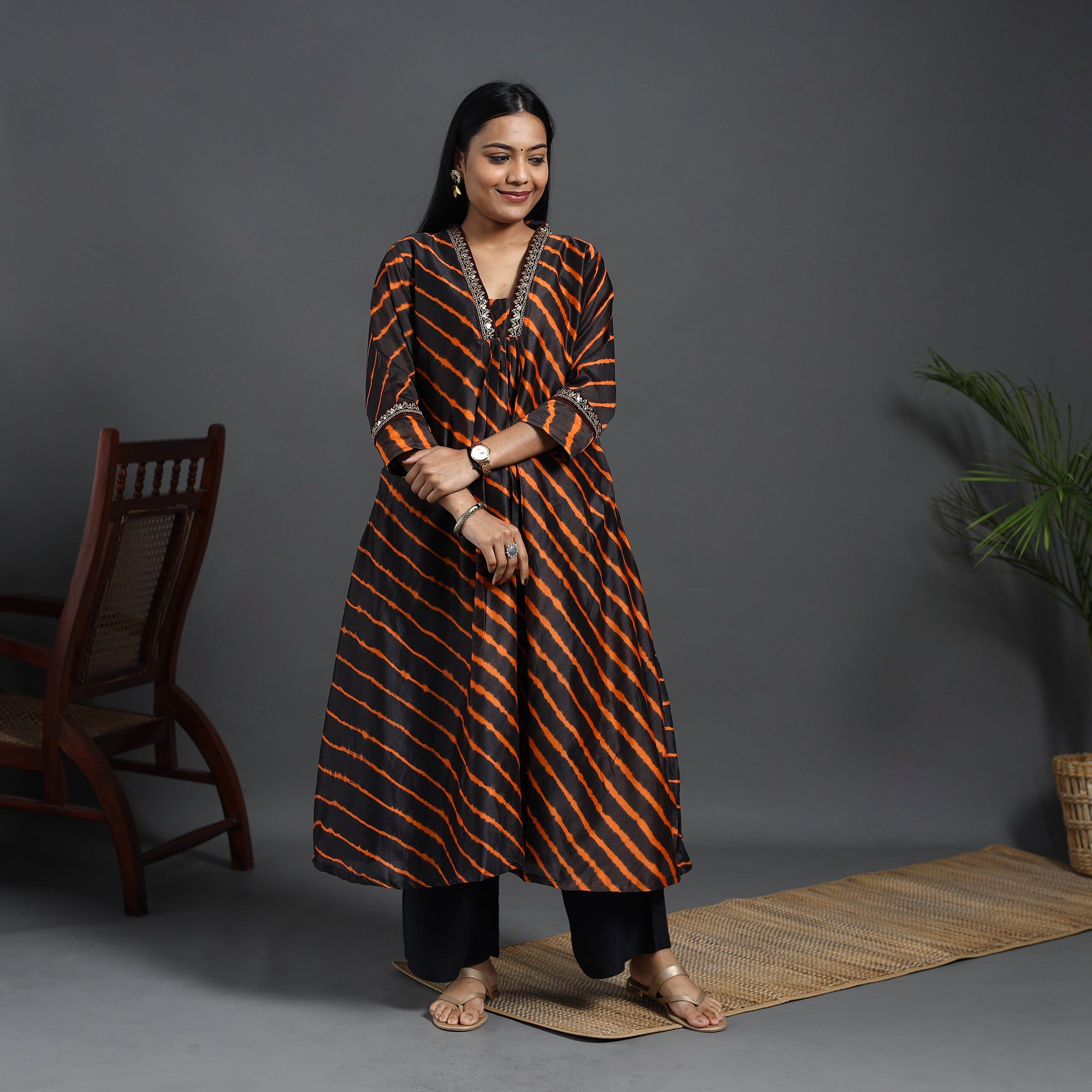 Black - Chanderi Silk A-Line Lacework Tie-Dye Leheriya Kurta 07
