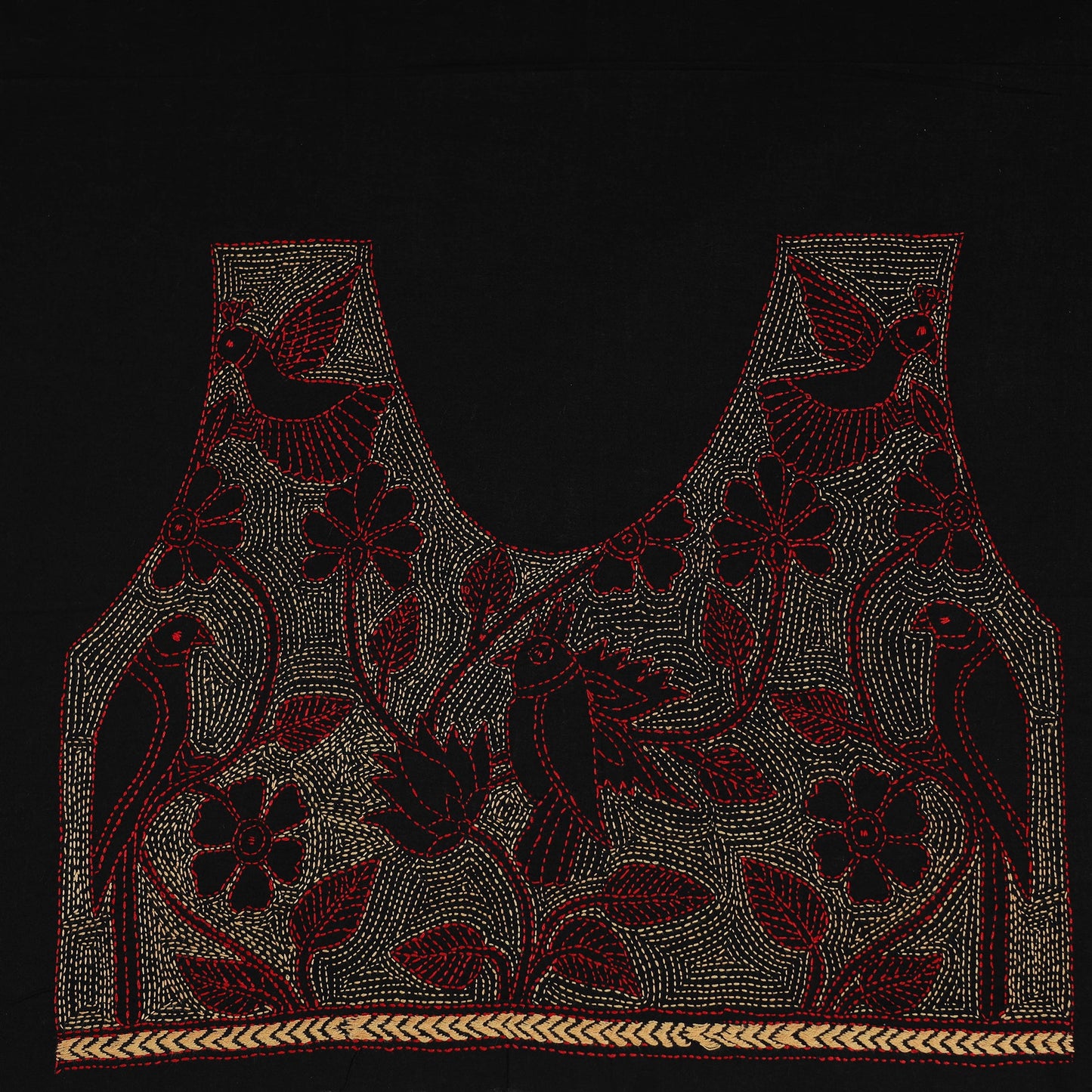 Black Cotton Bengal Kantha Stitch Blouse Piece