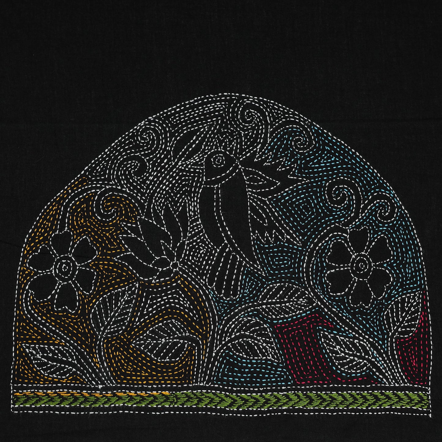 Black Cotton Bengal Kantha Stitch Blouse Piece
