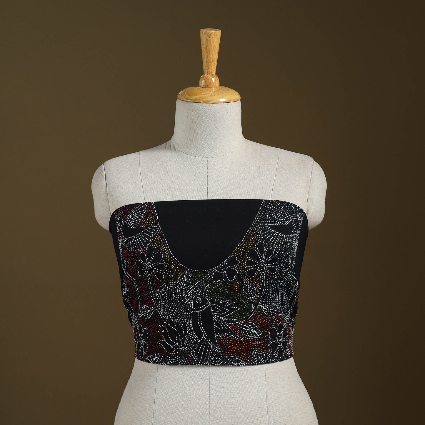 Black Cotton Bengal Kantha Stitch Blouse Piece