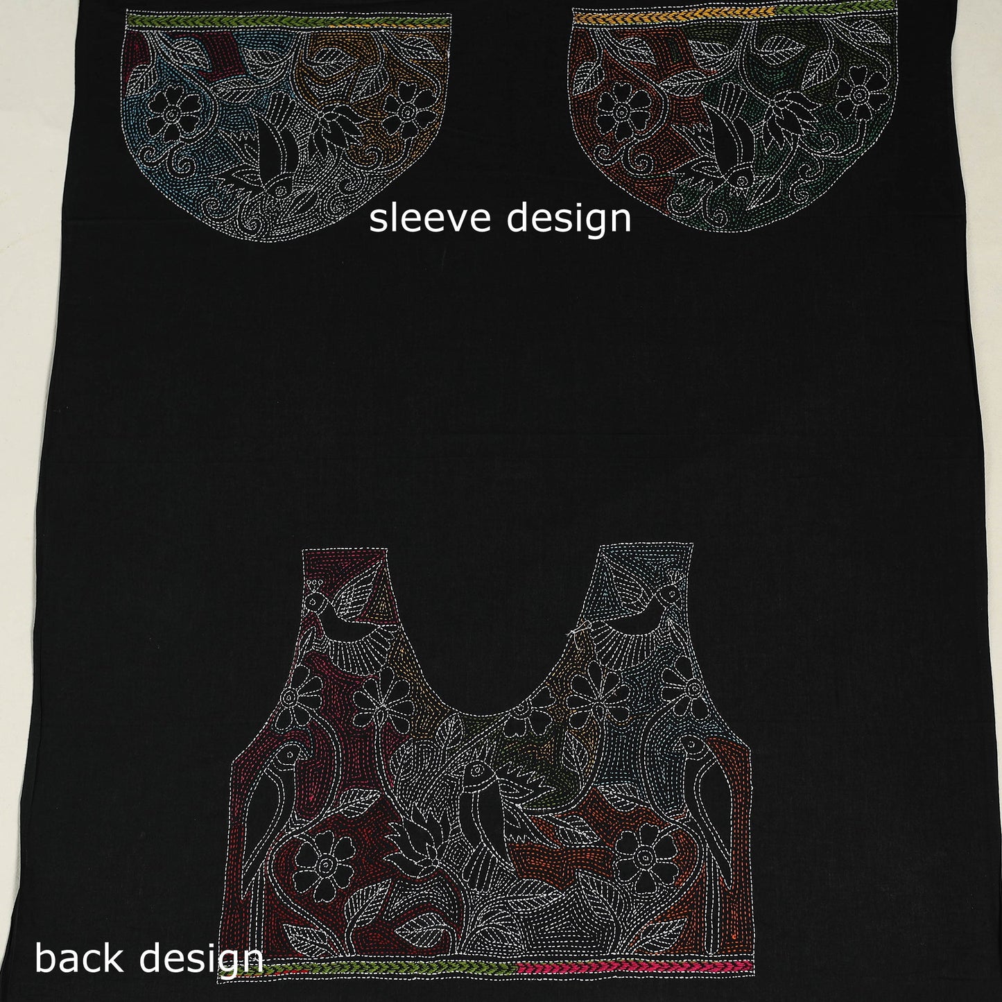 Black Cotton Bengal Kantha Stitch Blouse Piece