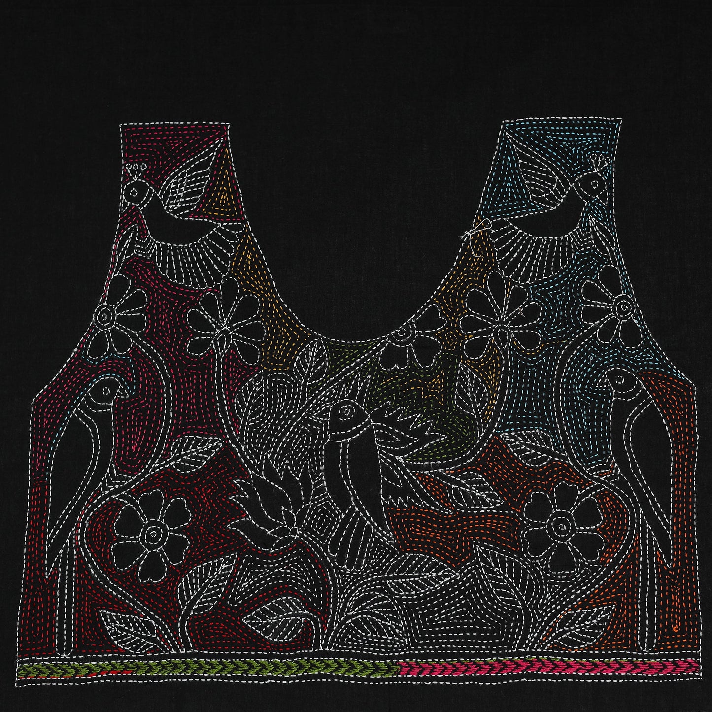 Black Cotton Bengal Kantha Stitch Blouse Piece