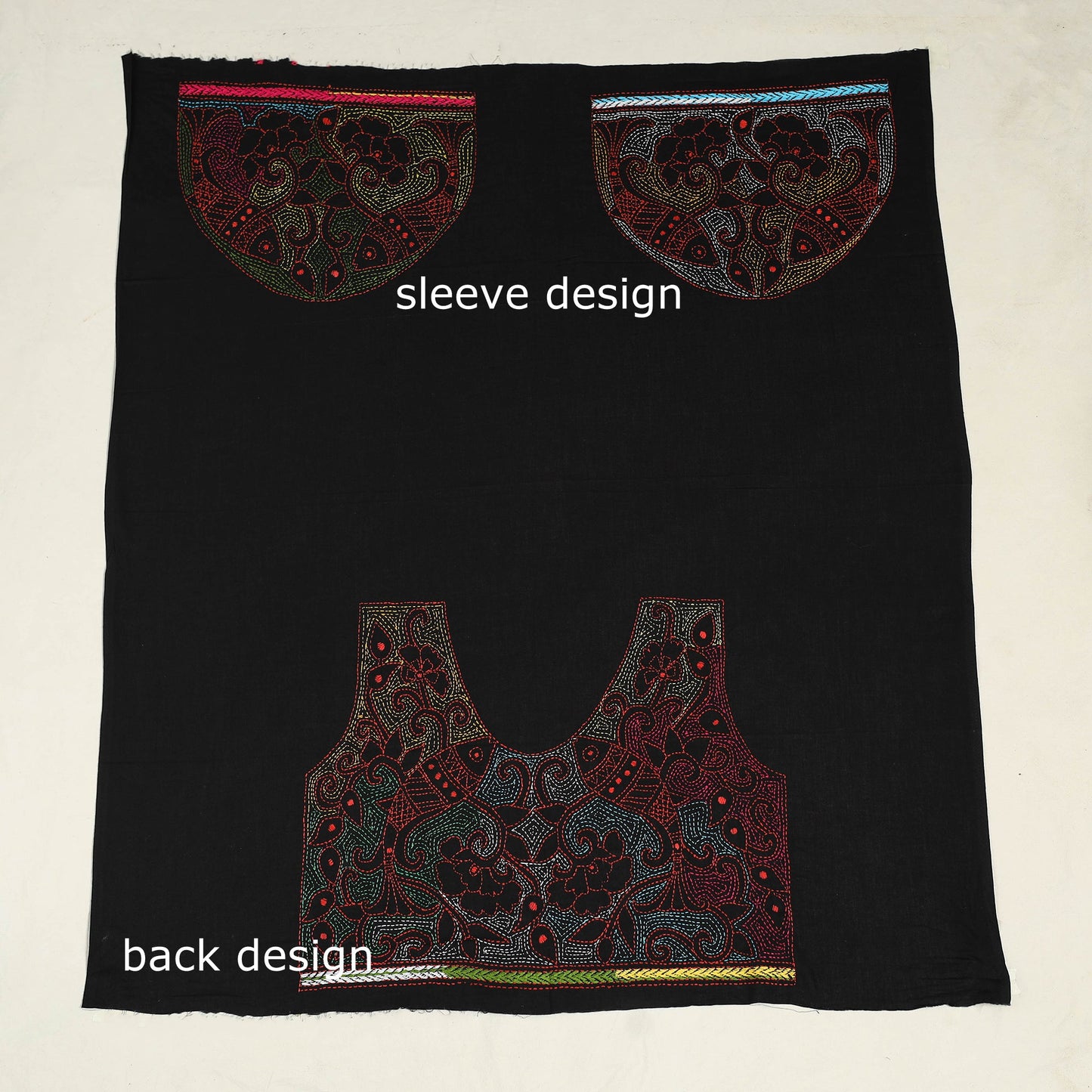 Black Cotton Bengal Kantha Stitch Blouse Piece