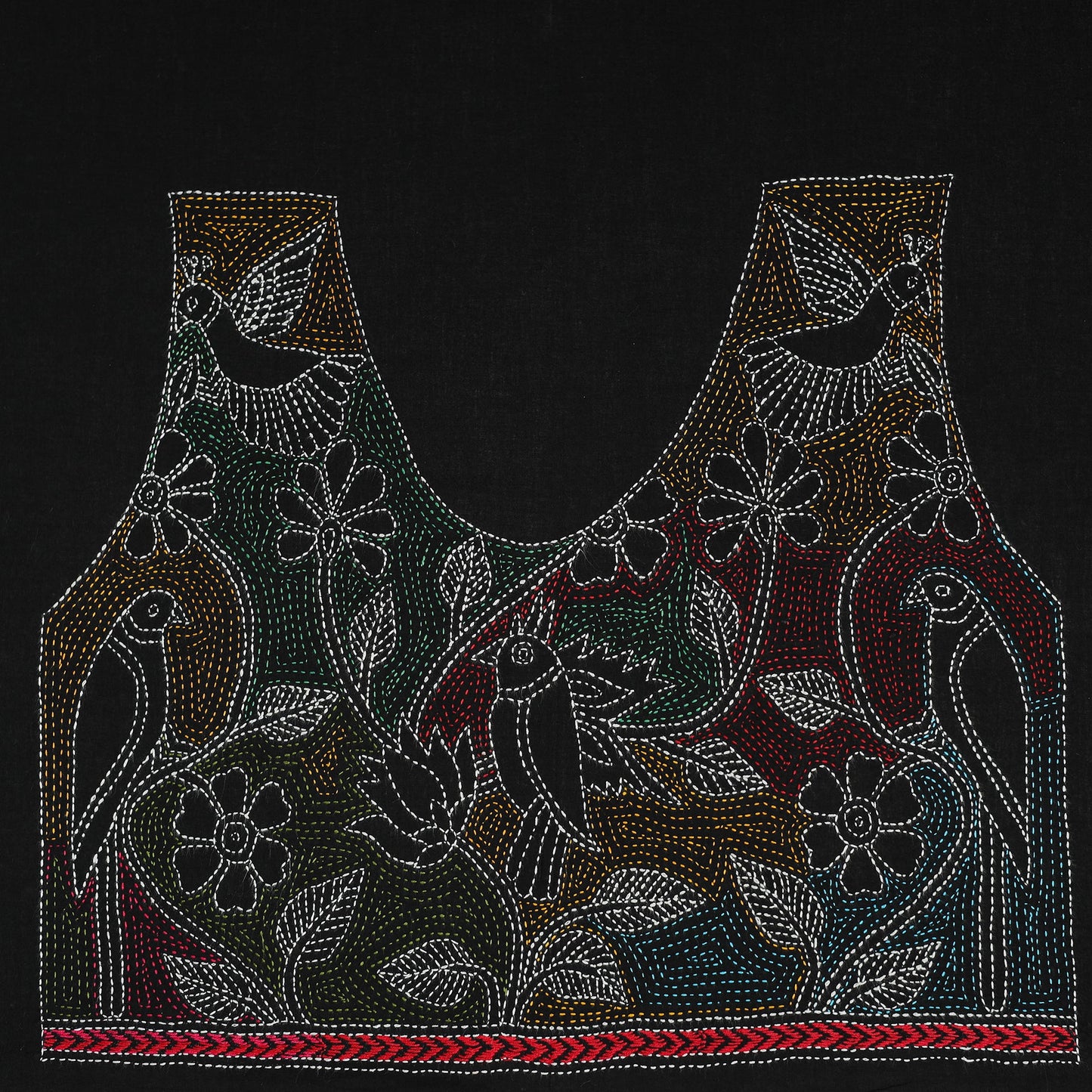 Black Cotton Bengal Kantha Stitch Blouse Piece