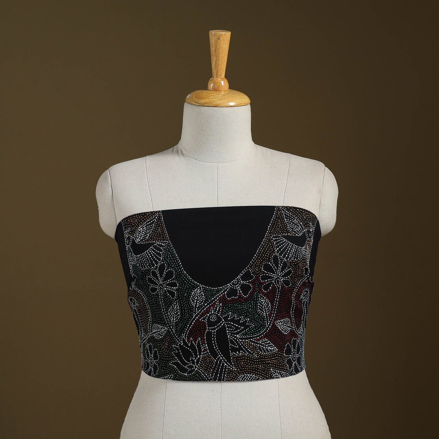 Black Cotton Bengal Kantha Stitch Blouse Piece
