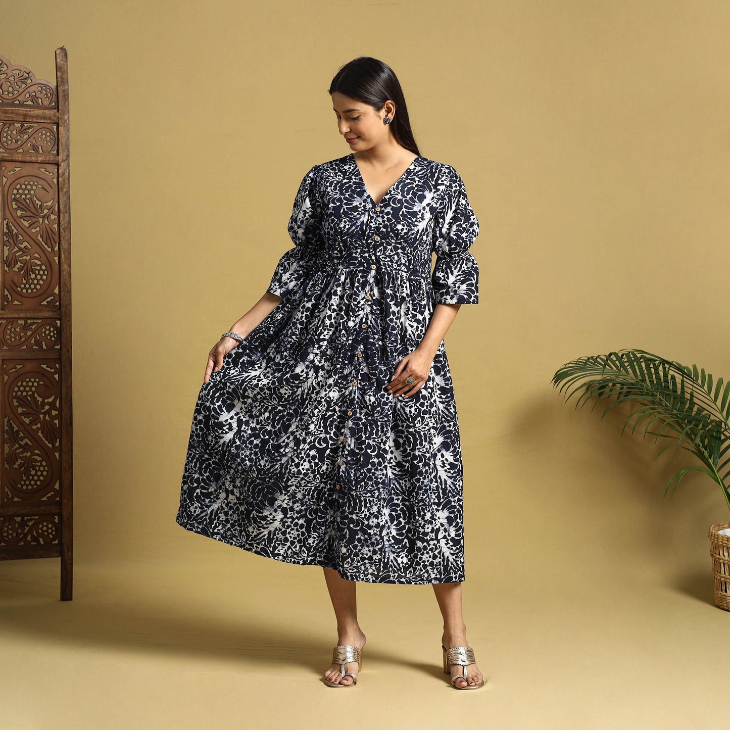 Black Cotton Button Down Hand Batik Print Dress