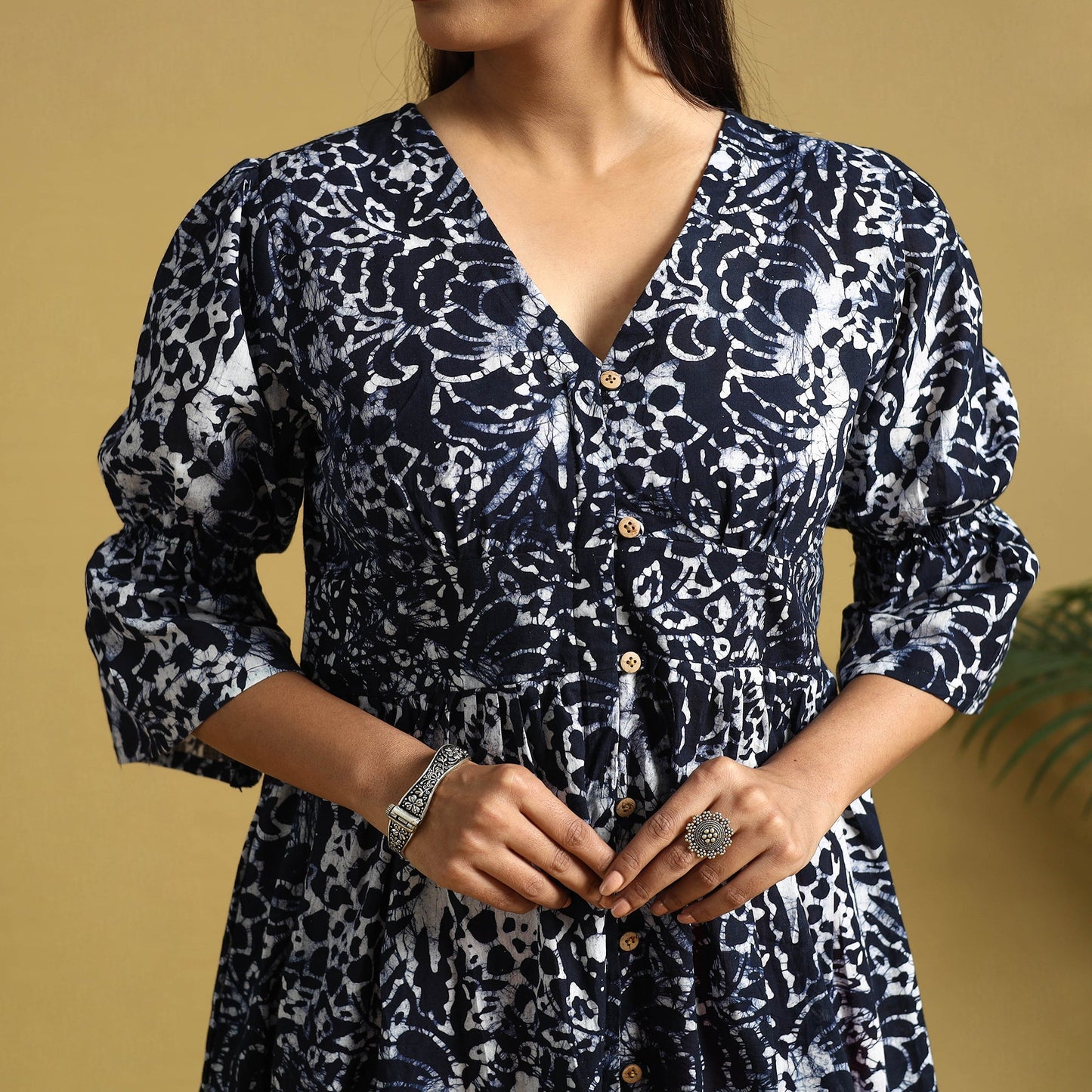 Black Cotton Button Down Hand Batik Print Dress