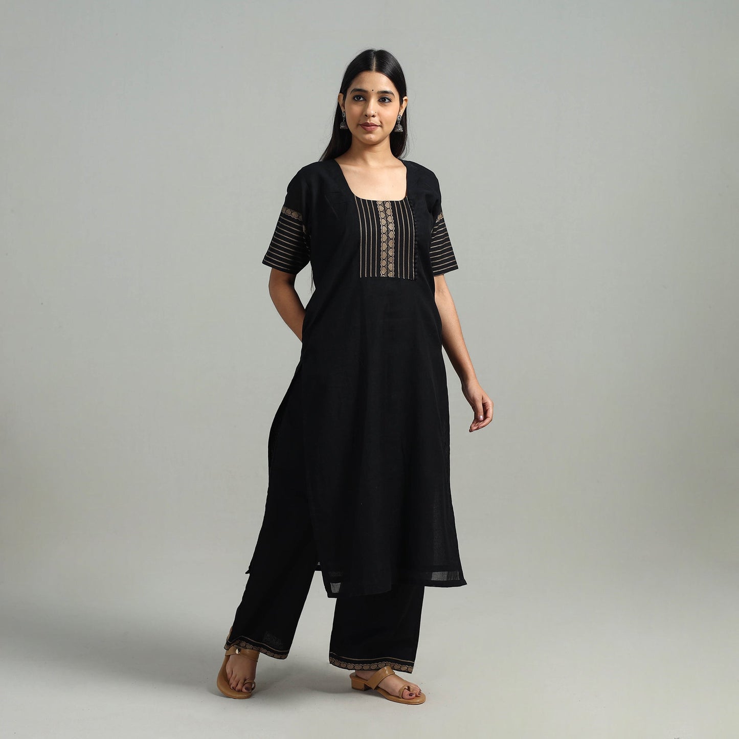 Black Cotton Dharwad Kurta Set with Palazzo & Dupatta