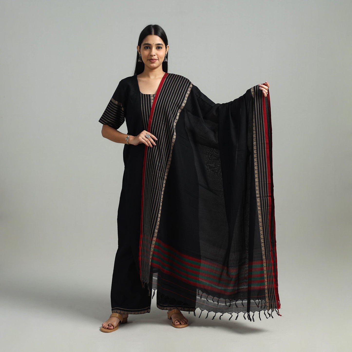 Black Cotton Dharwad Kurta Set with Palazzo & Dupatta