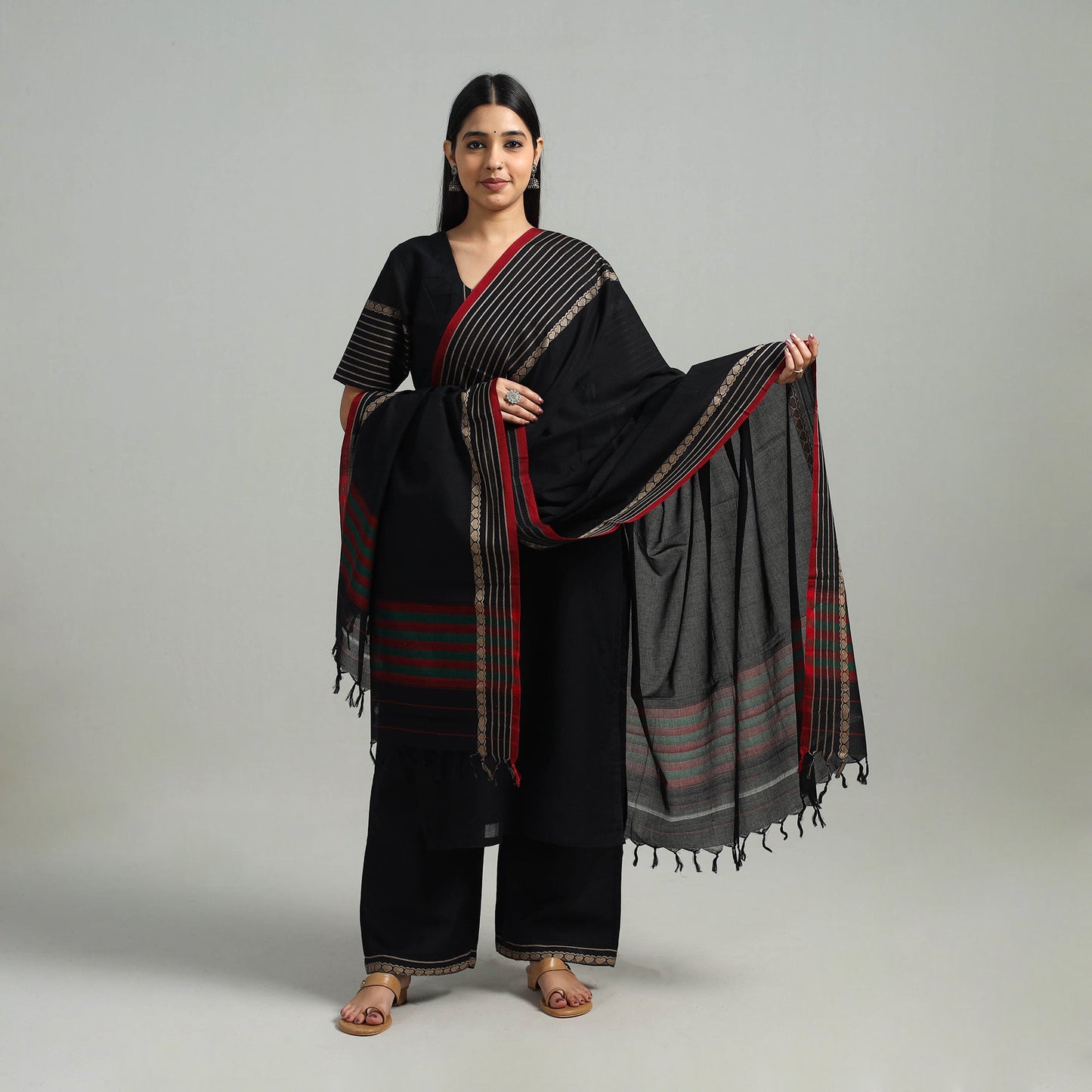 Black Cotton Dharwad Kurta Set with Palazzo & Dupatta