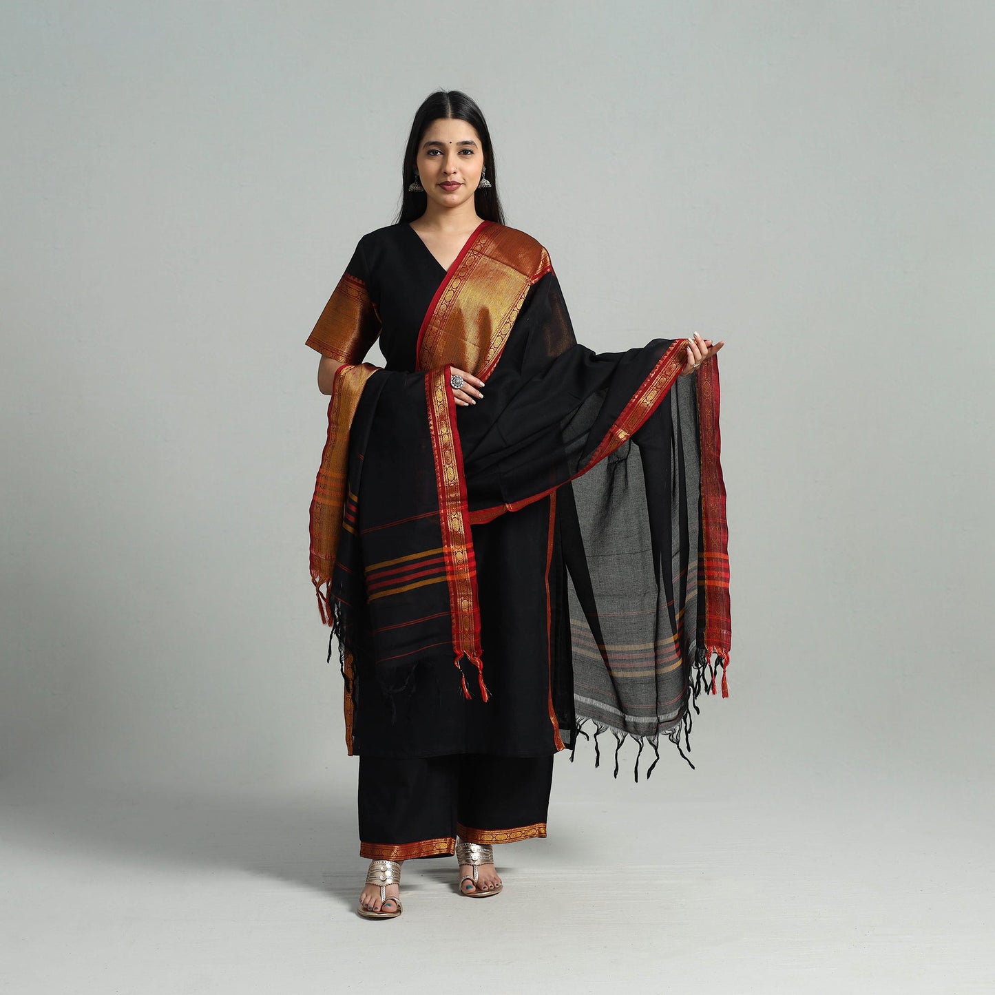 Black Cotton Dharwad Kurta Set with Palazzo & Dupatta