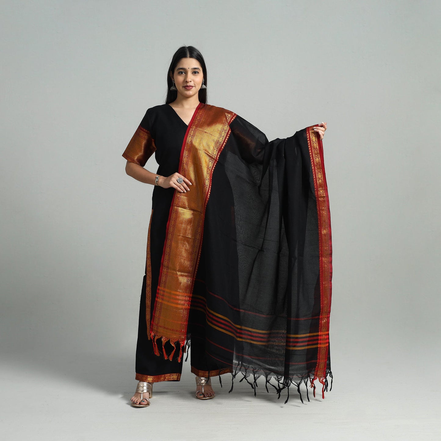 Black Cotton Dharwad Kurta Set with Palazzo & Dupatta