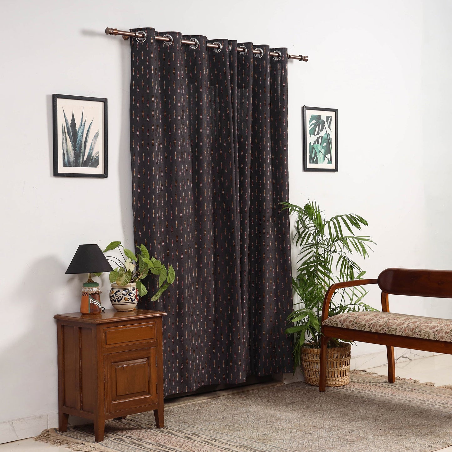 Black - cotton door pochampally ikat curtain (7 x 3 feet)