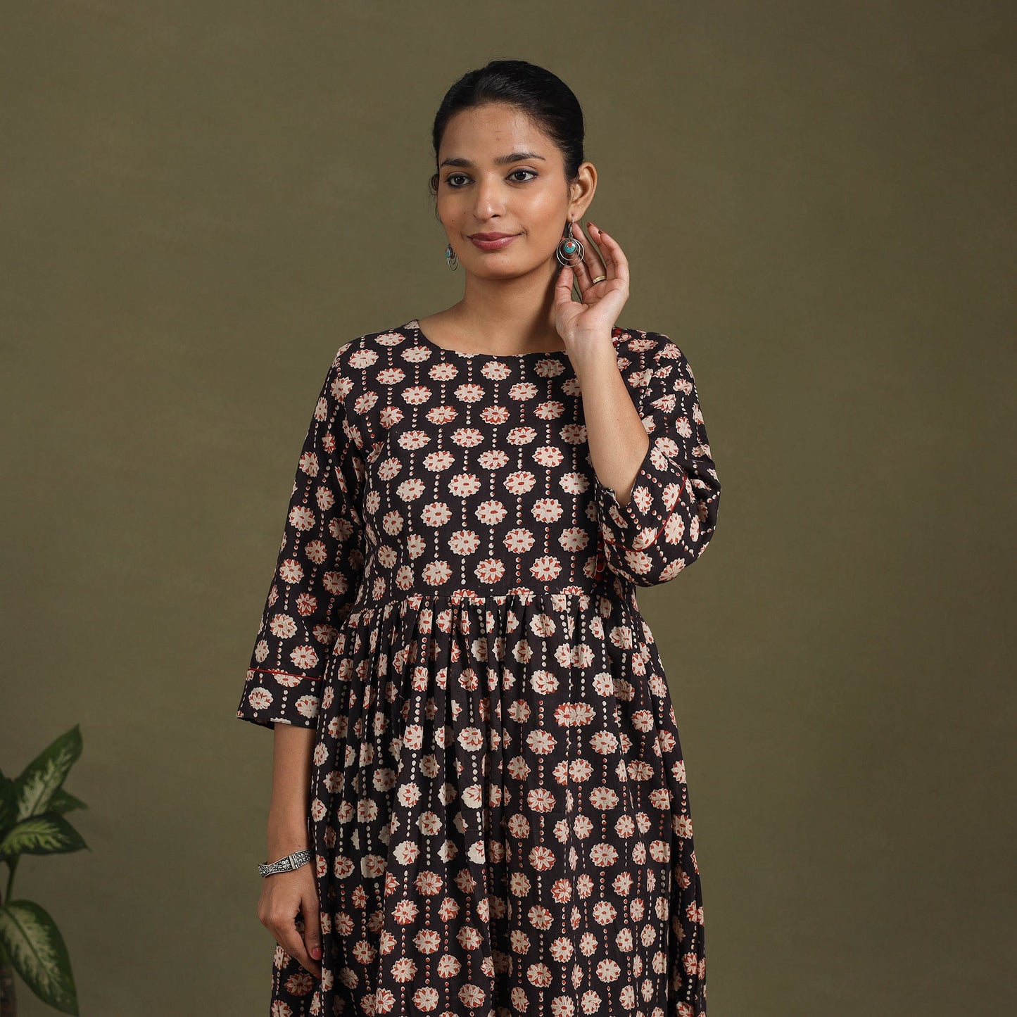 Black Block Print Cotton Flared Sanganeri Dress