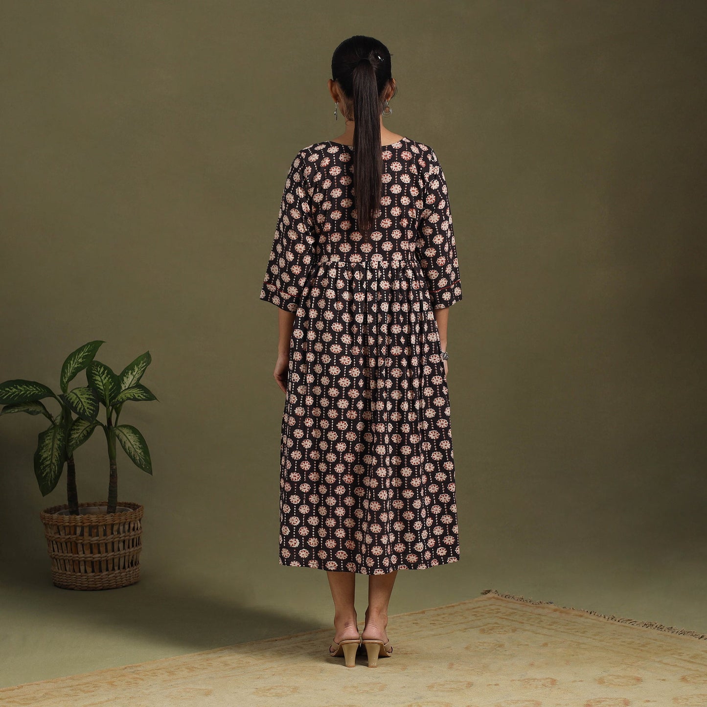 Black Block Print Cotton Flared Sanganeri Dress