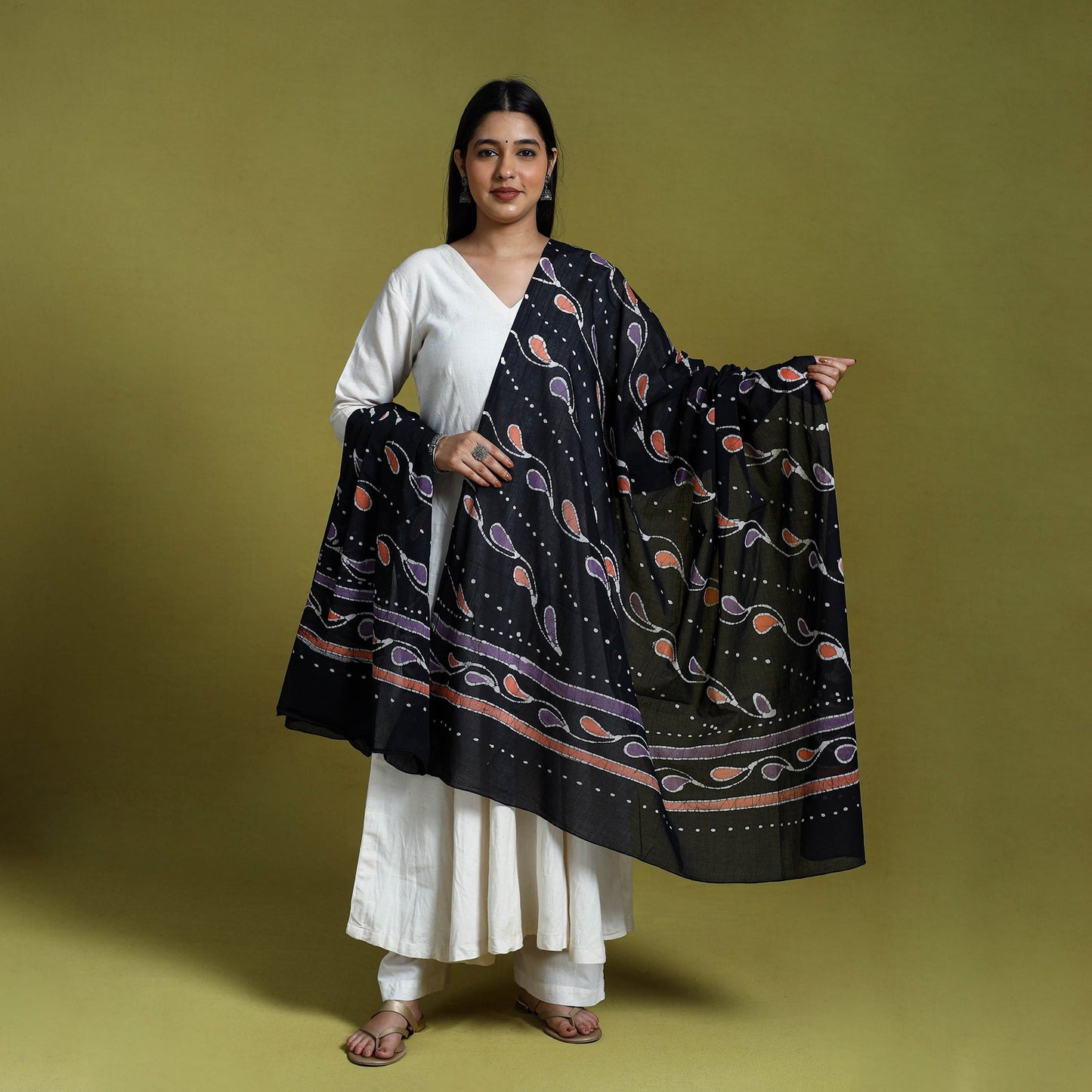 Black Cotton Hand Batik Print Dupatta