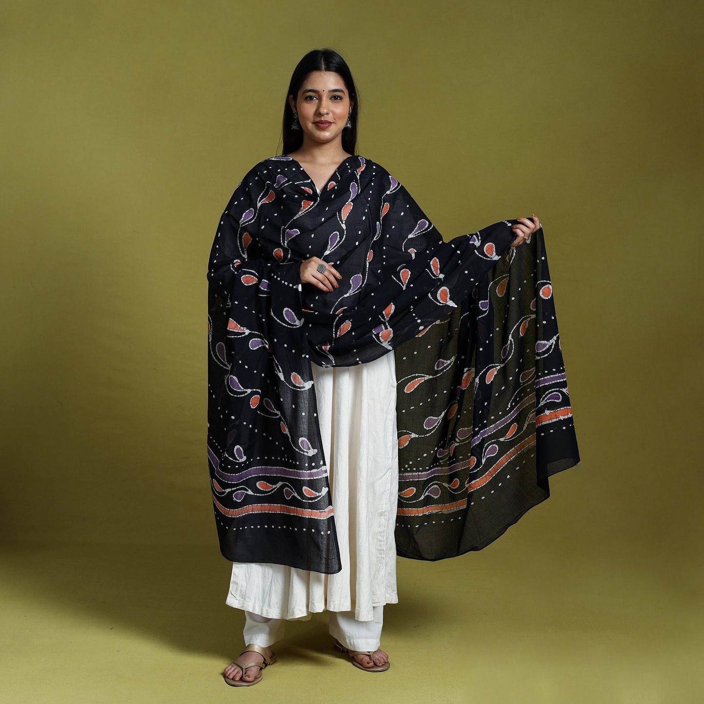 Black Cotton Hand Batik Print Dupatta