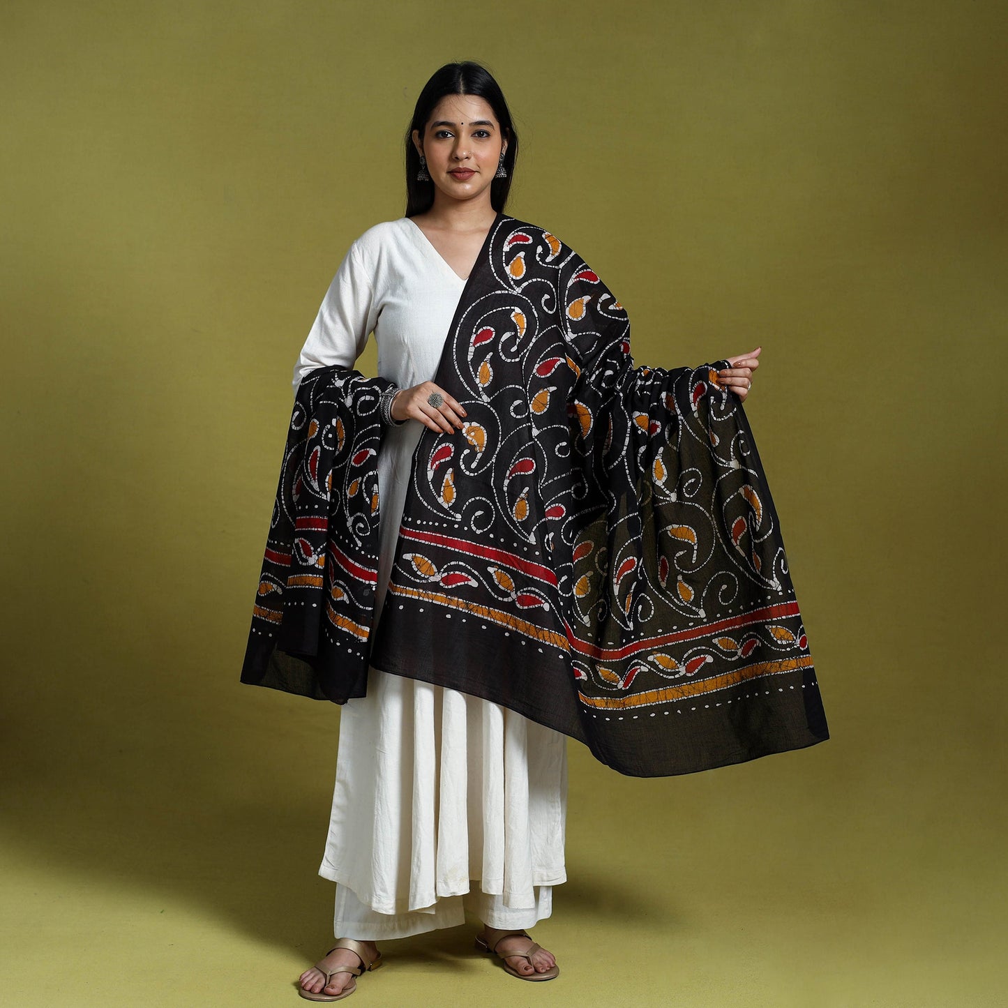 Black Cotton Hand Batik Print Dupatta