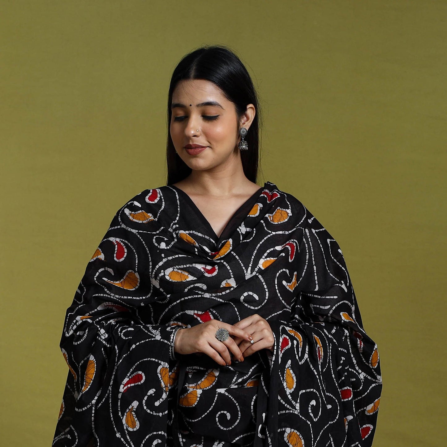 Black Cotton Hand Batik Print Dupatta