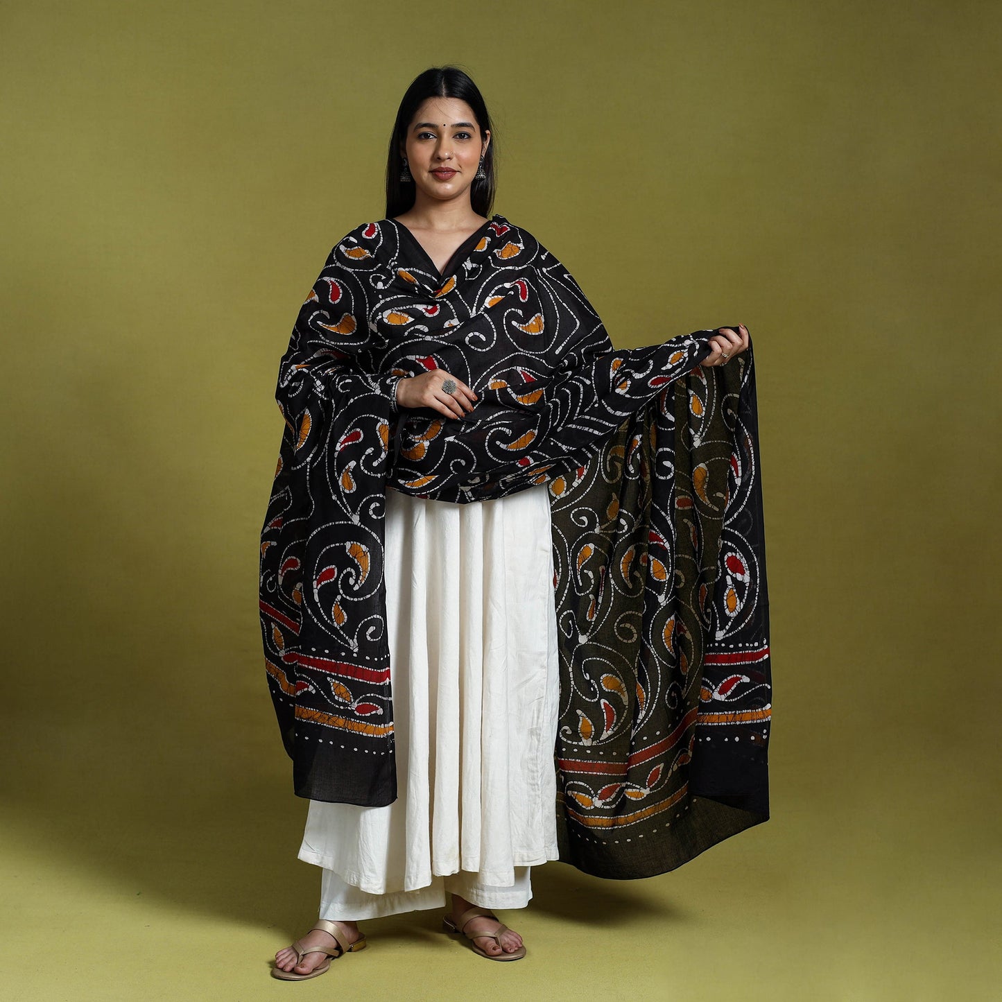 Black Cotton Hand Batik Print Dupatta