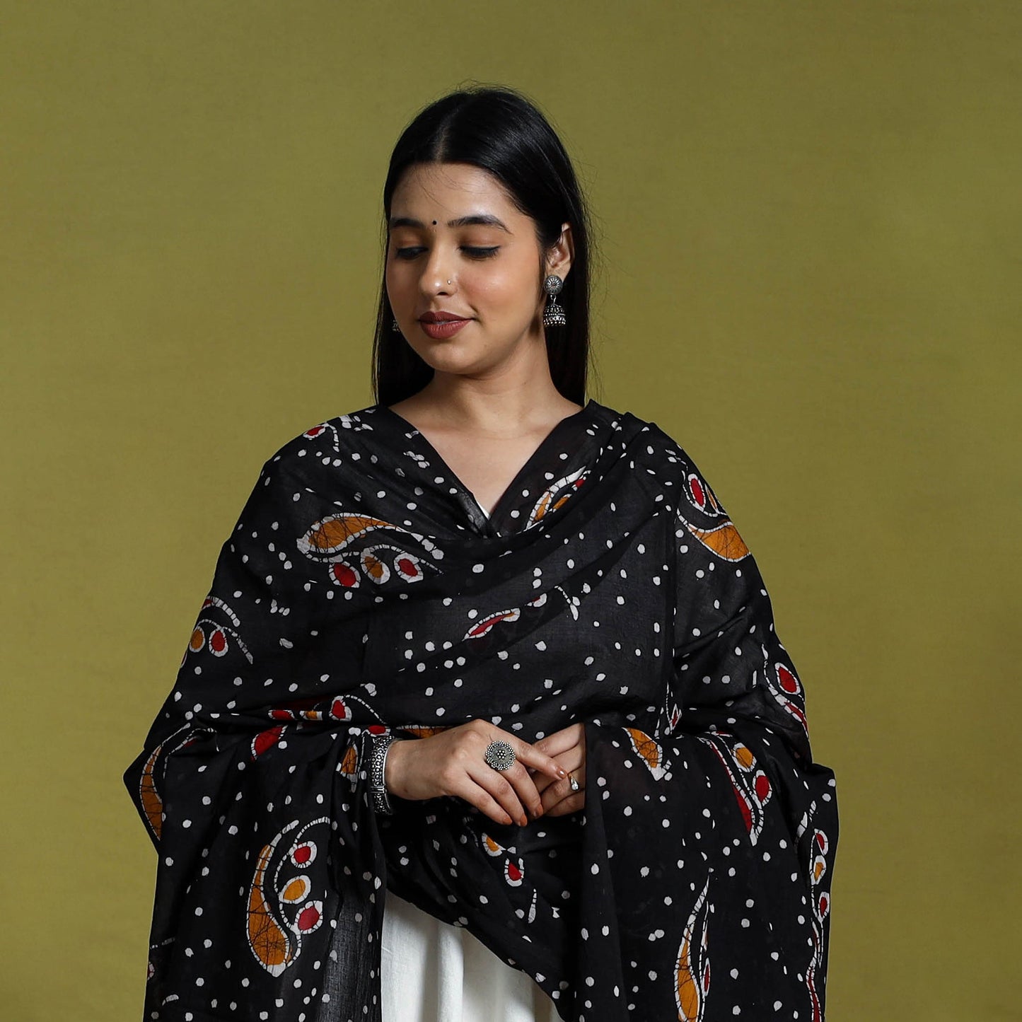 Black Cotton Hand Batik Print Dupatta