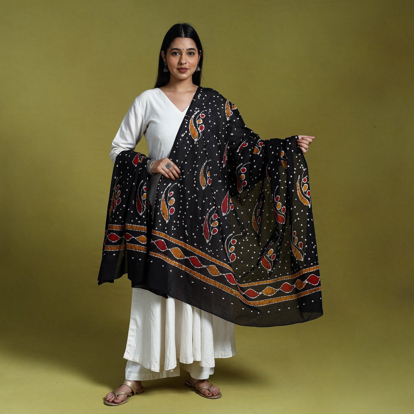 Black Cotton Hand Batik Print Dupatta