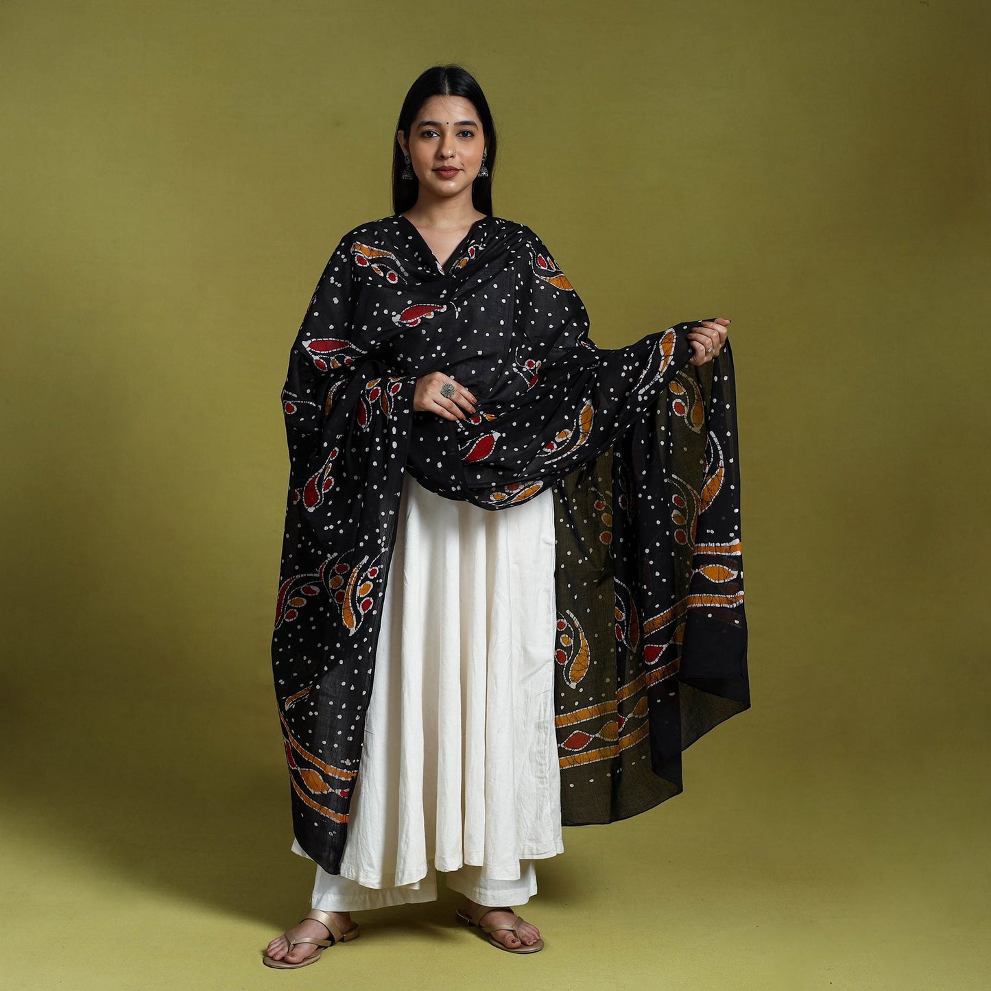 Black Cotton Hand Batik Print Dupatta