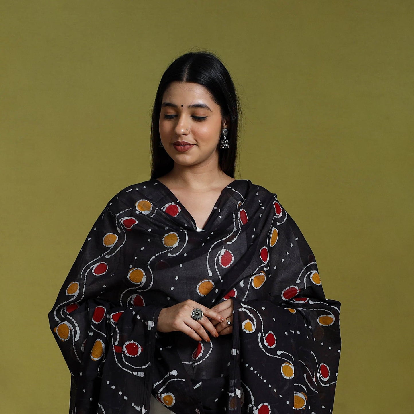 Black Cotton Hand Batik Print Dupatta