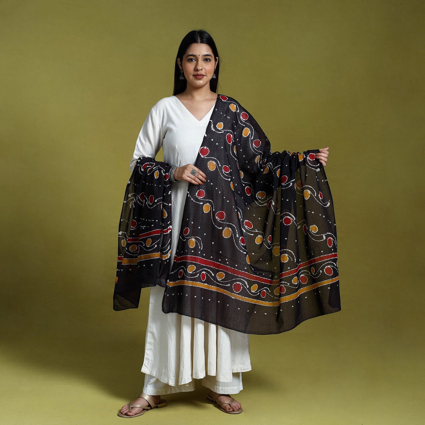 Black Cotton Hand Batik Print Dupatta