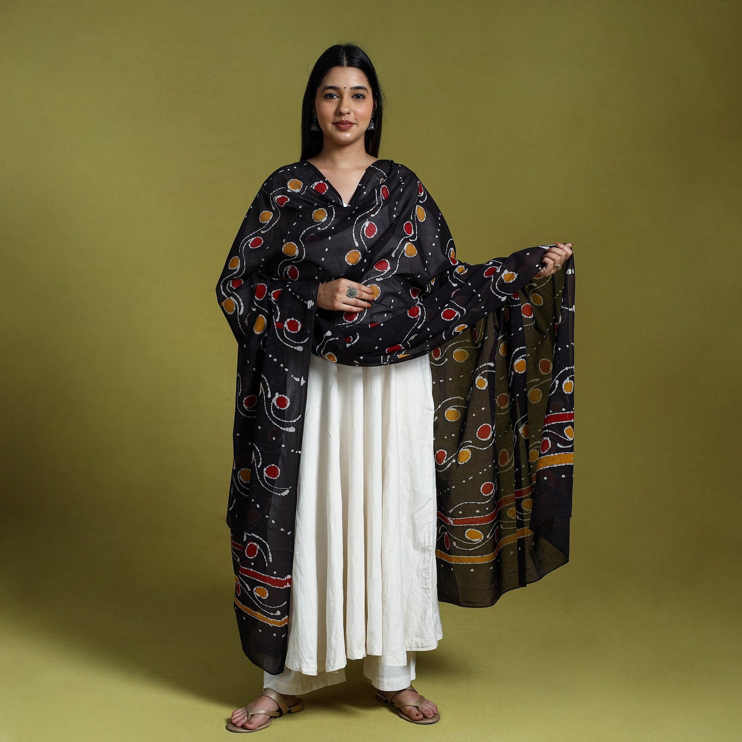 Black Cotton Hand Batik Print Dupatta
