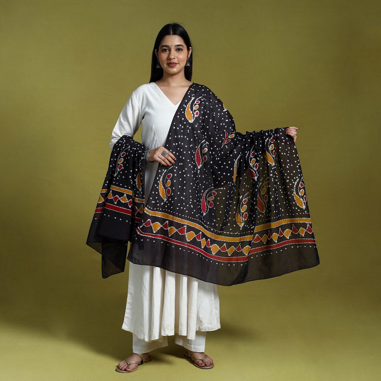 Black Cotton Hand Batik Print Dupatta