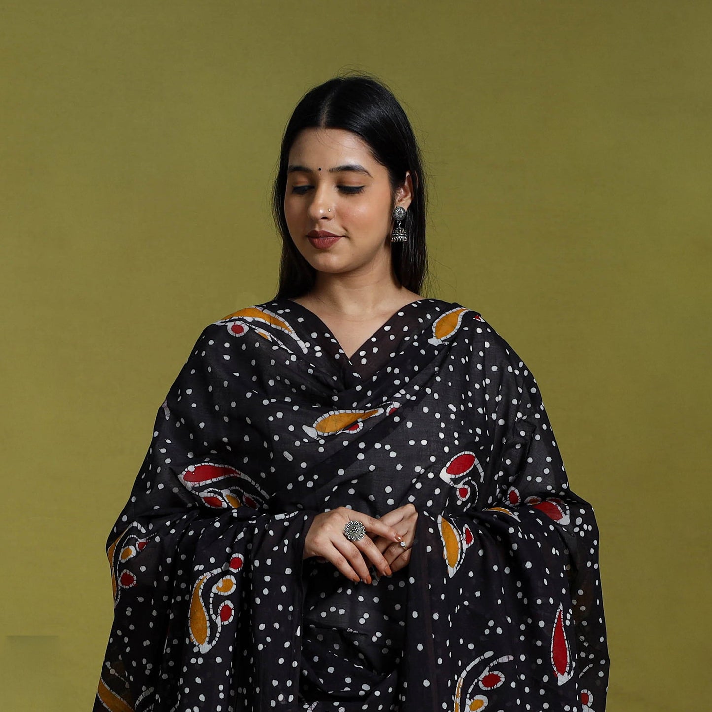 Black Cotton Hand Batik Print Dupatta