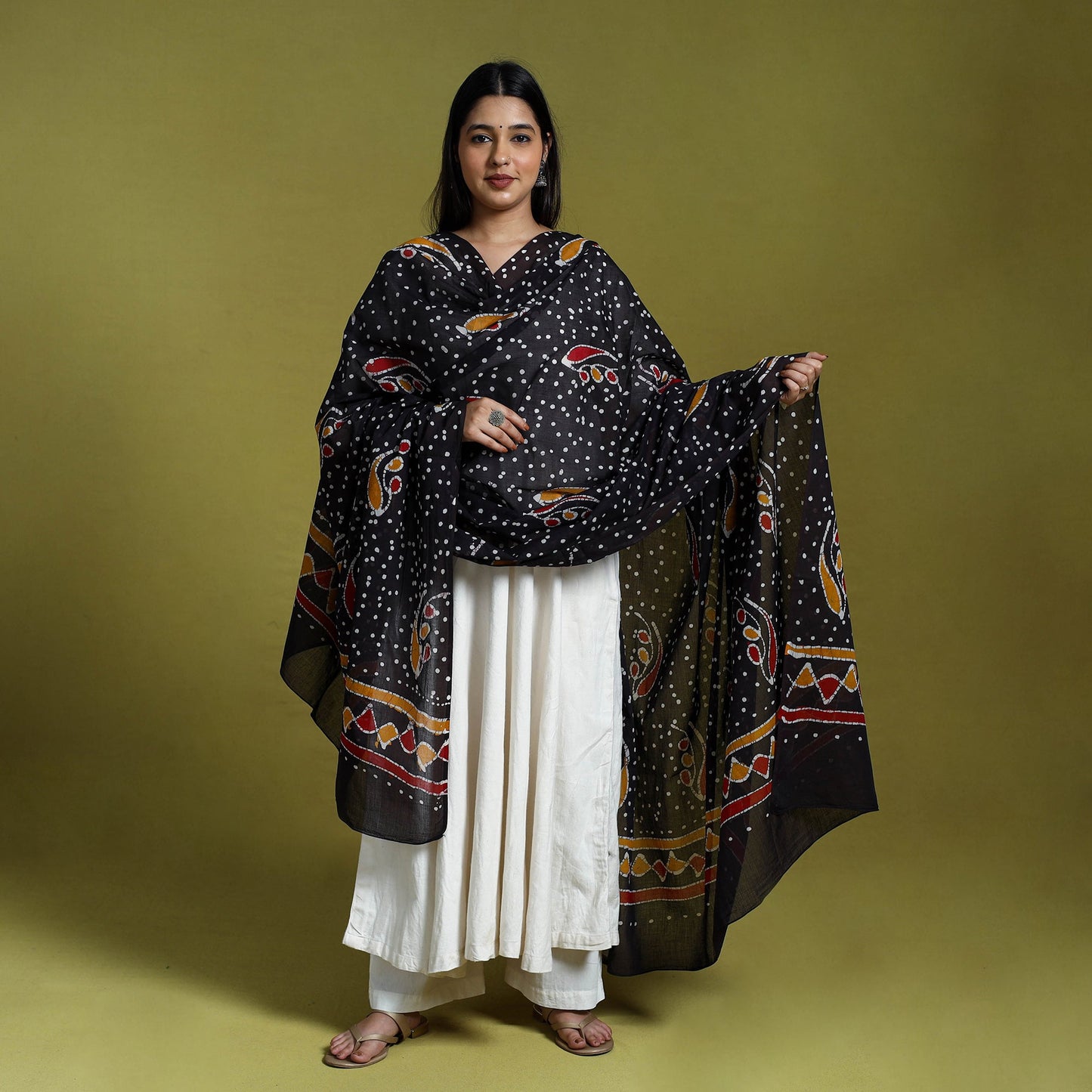 Black Cotton Hand Batik Print Dupatta