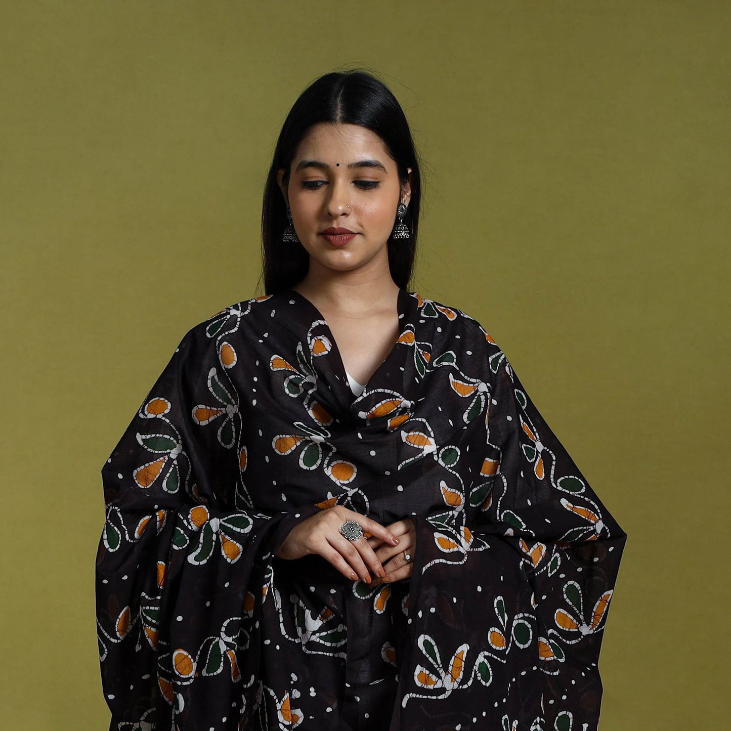 Black Cotton Hand Batik Print Dupatta