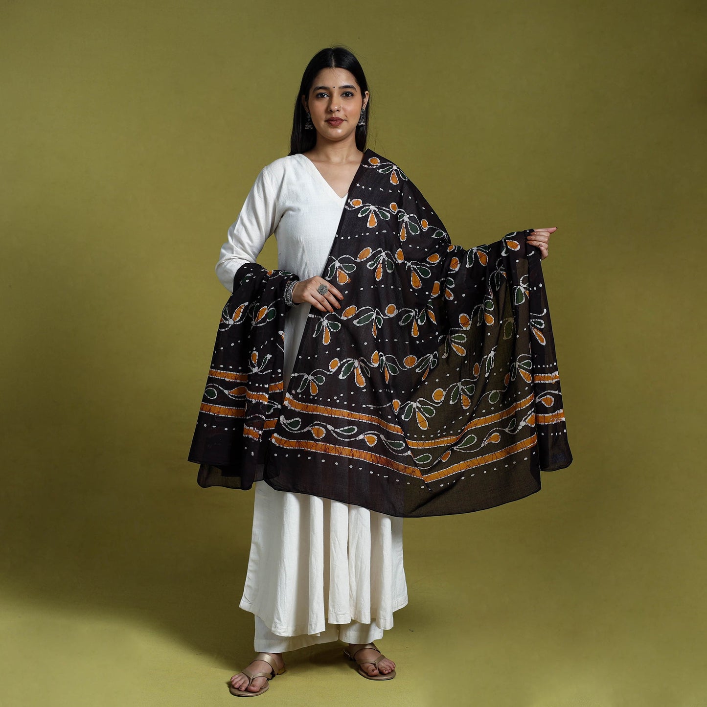 Black Cotton Hand Batik Print Dupatta