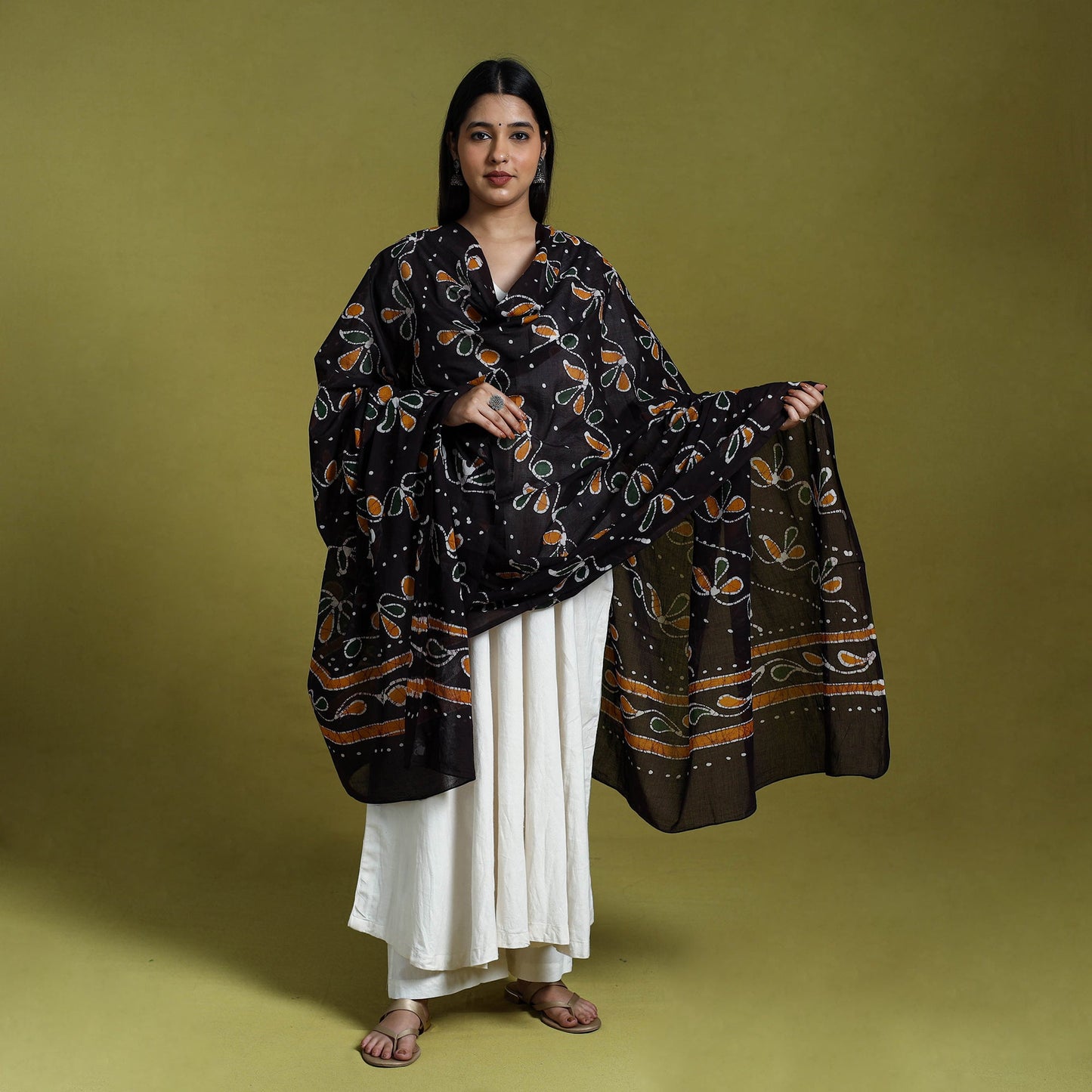 Black Cotton Hand Batik Print Dupatta